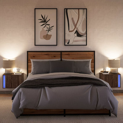 Brown Oak Wall-mounted Bedside Cabinets with LED Lights, 2 pcs