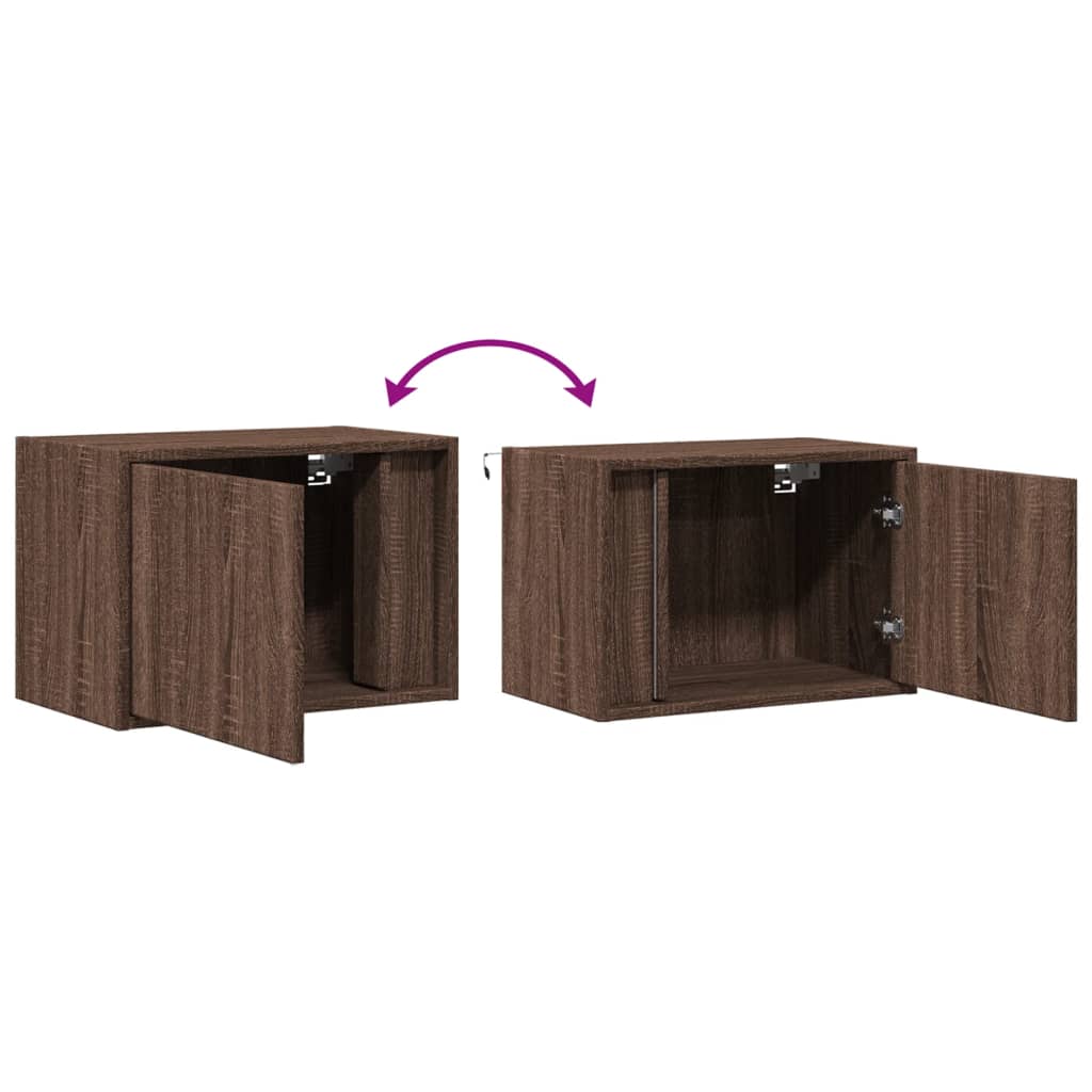 Brown Oak Wall-mounted Bedside Cabinets with LED Lights, 2 pcs