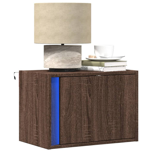 Brown Oak Wall-mounted Bedside Cabinets with LED Lights, 2 pcs