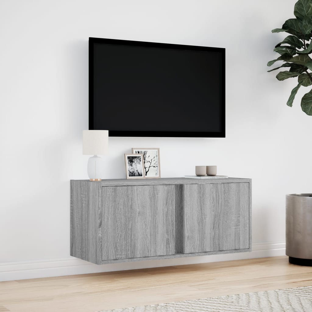 TV Wall Cabinet with LED Lights Grey Sonoma 80x31x35 cm