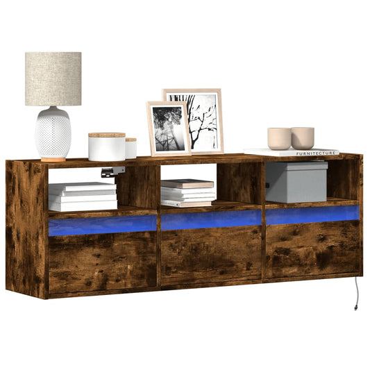 TV Wall Cabinet with LED Lights Smoked Oak 130x31x45 cm