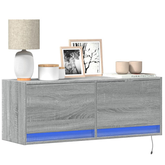 TV Wall Cabinet with LED Lights Grey Sonoma 100x31x35 cm