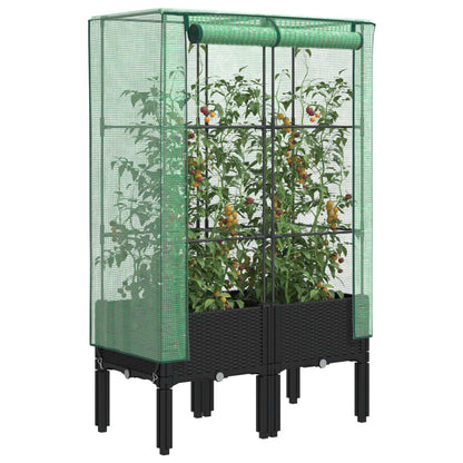 Rattan-Style Raised Garden Bed with Greenhouse Cover - Black