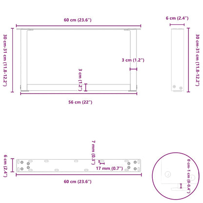 U-Shaped Natural Steel Coffee Table Legs, 2 Pcs, 60x(30-31) cm