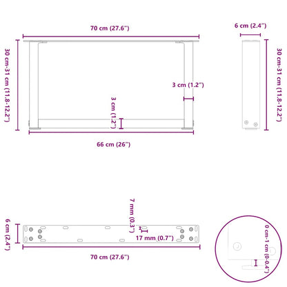 Natural Steel U-Shaped Coffee Table Legs, 2 pcs - 70x(30-31) cm