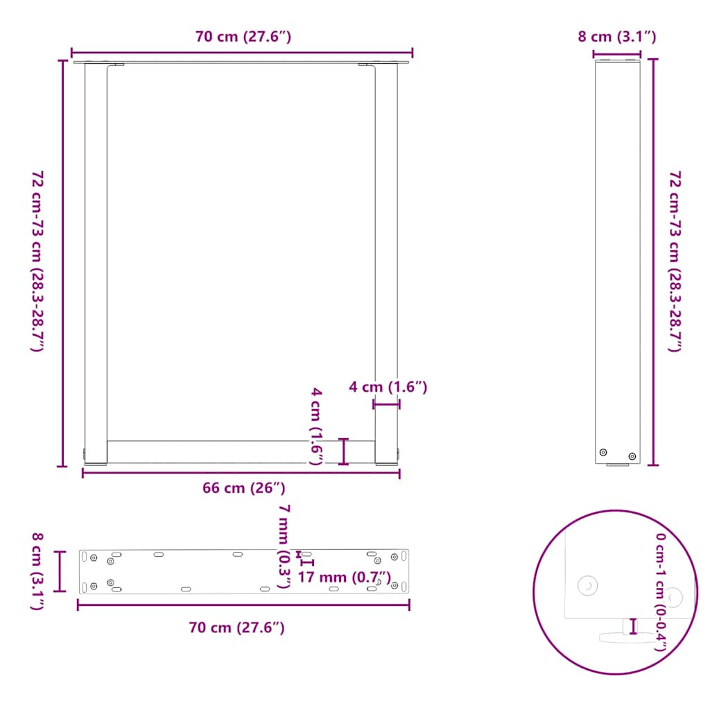 Natural Steel U-Shaped Dining Table Legs, 3pcs, Adjustable 70x72-73cm