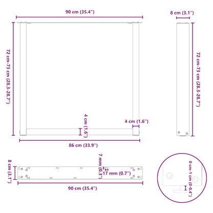 Natural Steel U-Shaped Dining Table Legs 3-Pack, 90x(72-73)cm