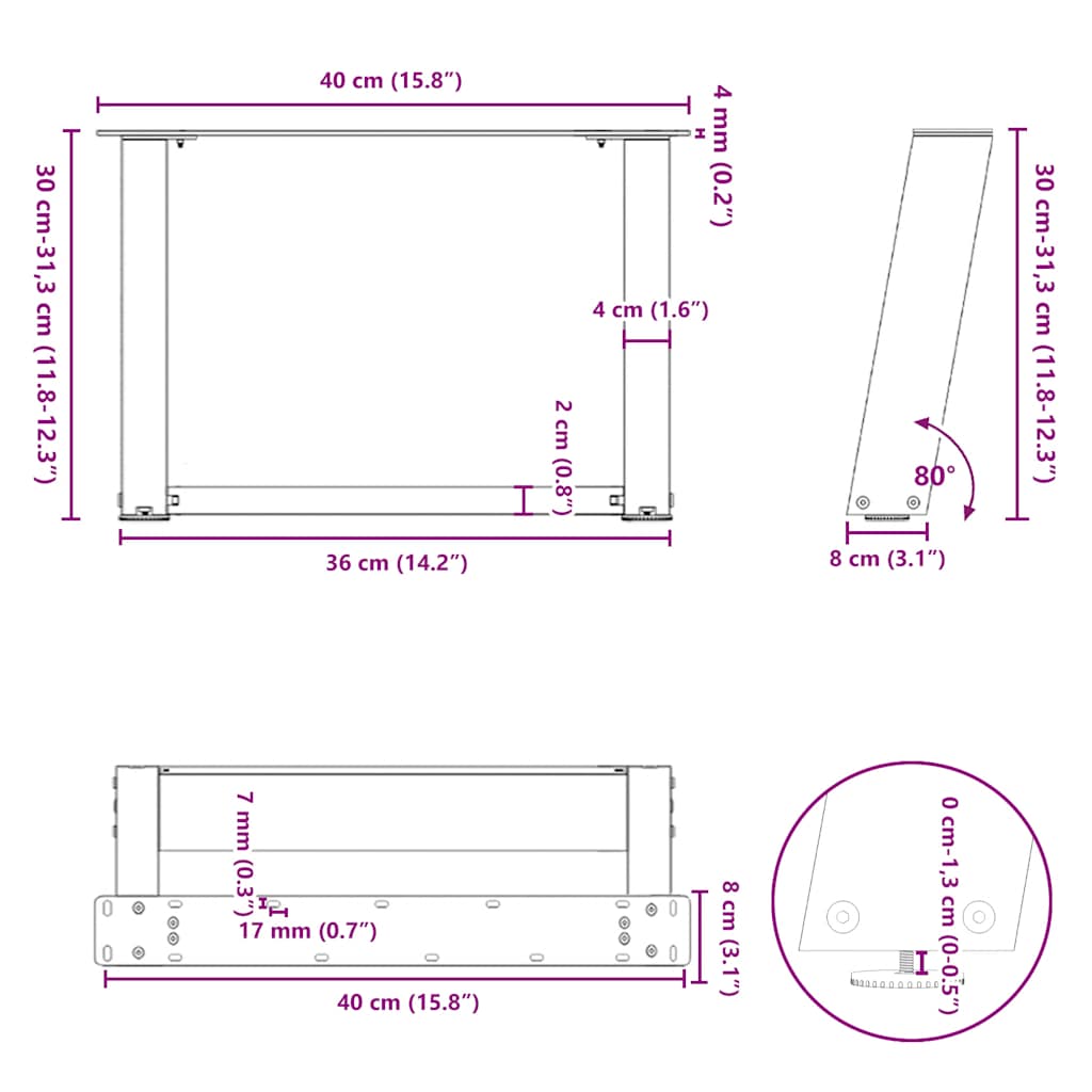 Black Steel U-Shaped Coffee Table Legs 2 pcs, Adjustable 40x30-31 cm
