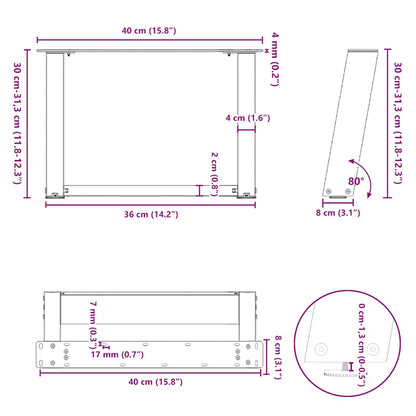 Black Steel U-Shaped Coffee Table Legs 2 pcs, Adjustable 40x30-31 cm