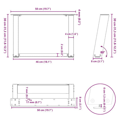 Anthracite Steel U-Shaped Coffee Table Legs 50x30-31cm - Set of 2