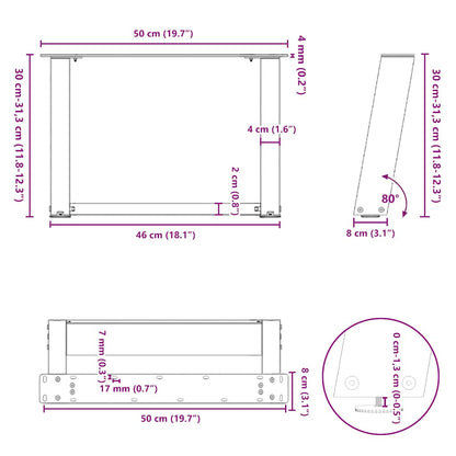 Natural Steel U-Shaped Coffee Table Legs, 50x(30-31) cm, 2 pcs