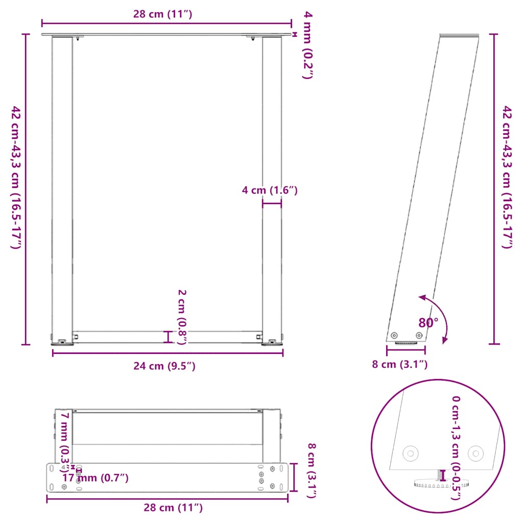 White U-Shaped Steel Coffee Table Legs, 2 Pcs, 28x(42-43) cm