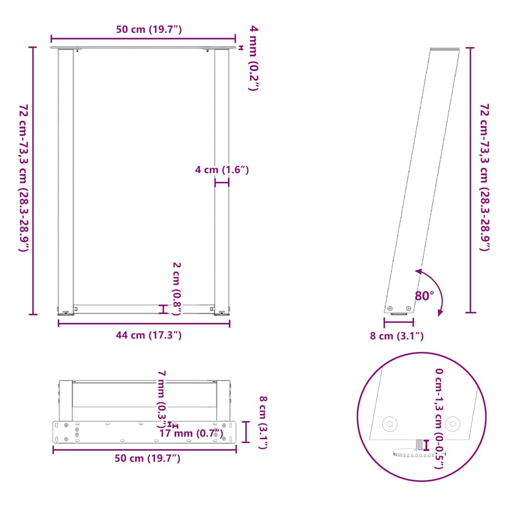 Anthracite Steel U-Shaped Dining Table Legs, 50x(72-73) cm, 2 pcs
