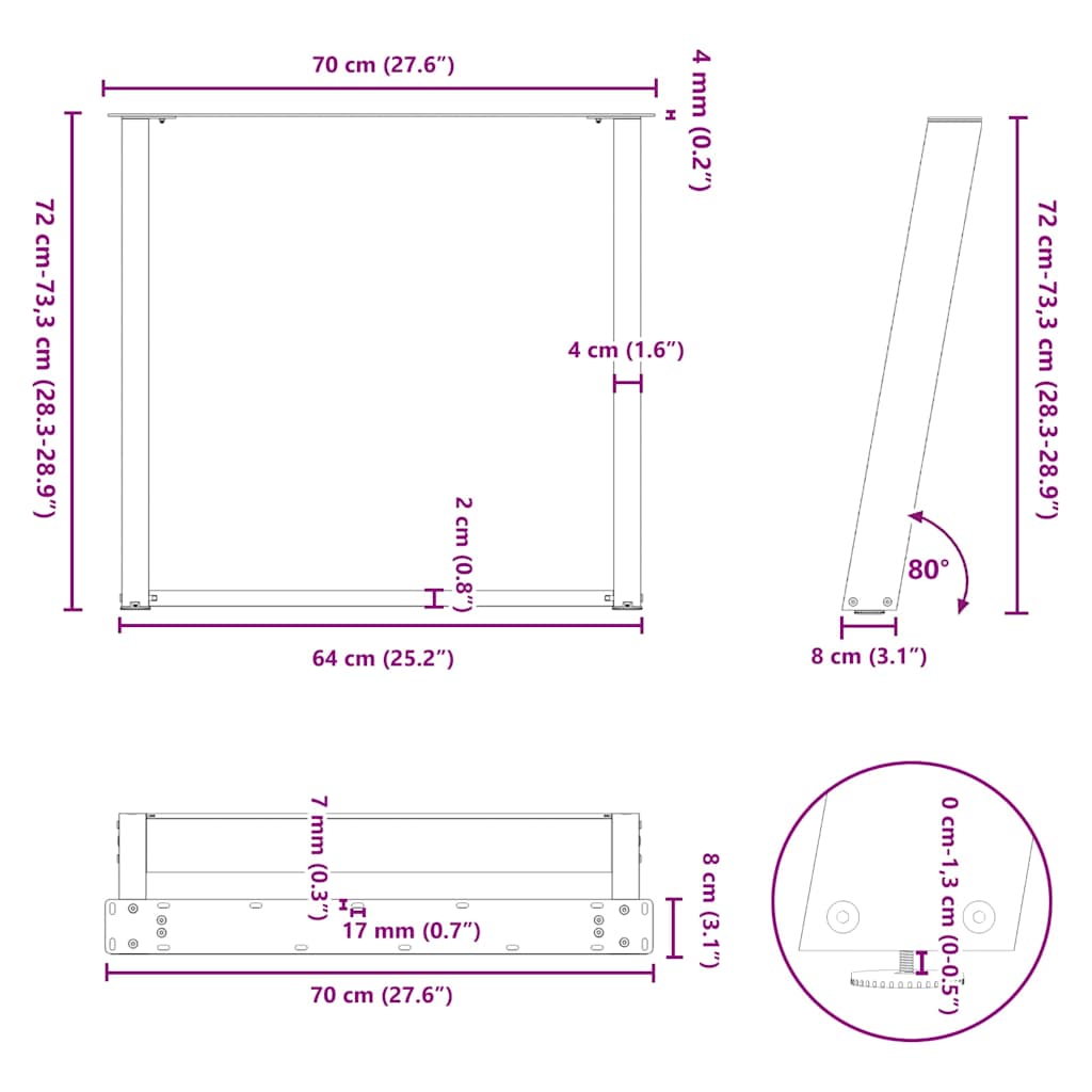 Natural Steel U-Shaped Dining Table Legs - Set of 2, Adjustable 70cm