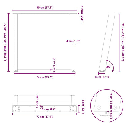 Natural Steel U-Shaped Dining Table Legs - Set of 2, Adjustable 70cm