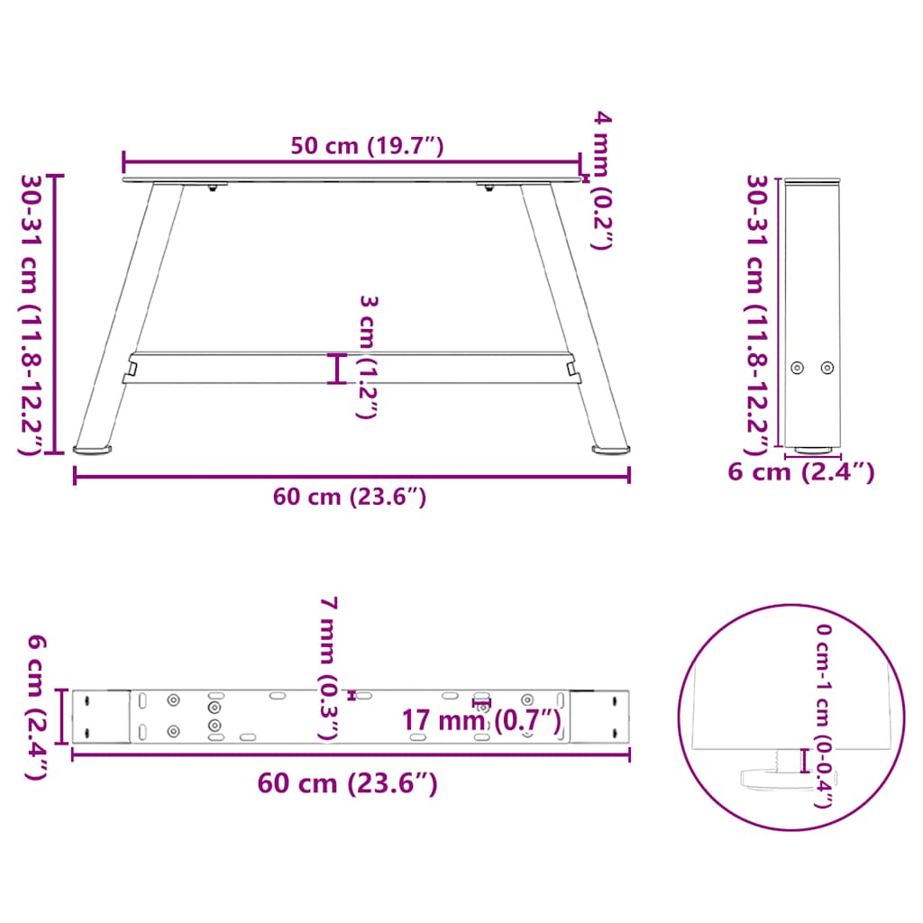Black Steel A-Shaped Coffee Table Legs 2 pcs, 60x(30-31) cm