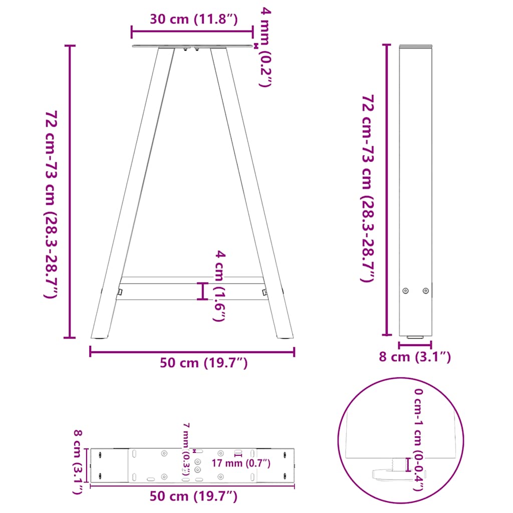 Steel A-Shaped Dining Table Legs Set 2pcs, Adjustable 50x72-73cm