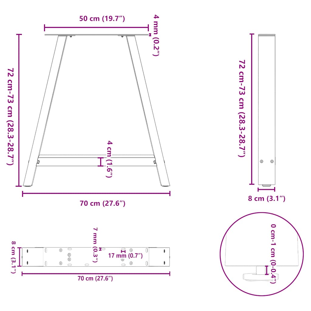Black Steel A-Shaped Dining Table Legs 70x72-73cm, Set of 2