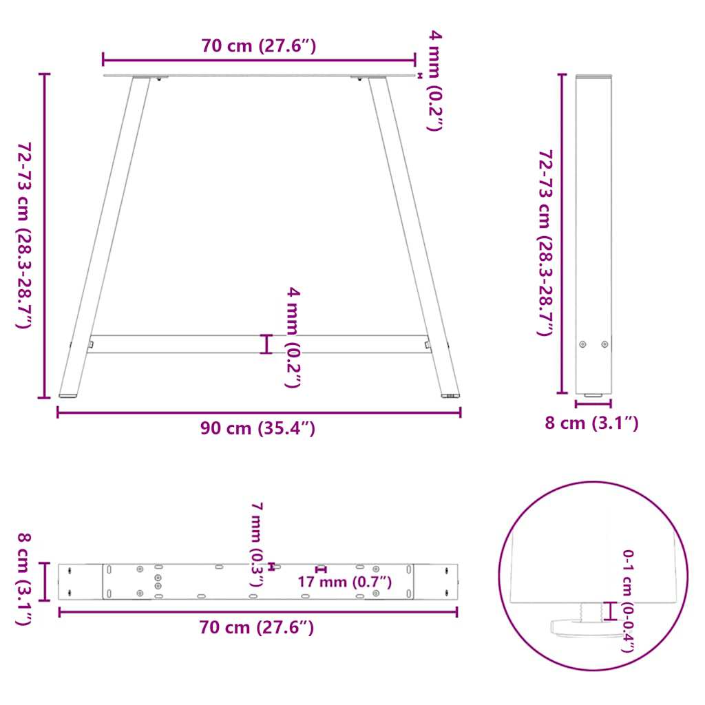 White Steel A-Shaped Dining Table Legs, 2 pcs, Adjustable 90x72-73 cm