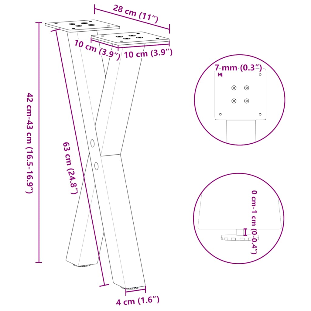 Black Steel X-Shaped Coffee Table Legs, Set of 2, 28x(42-43) cm