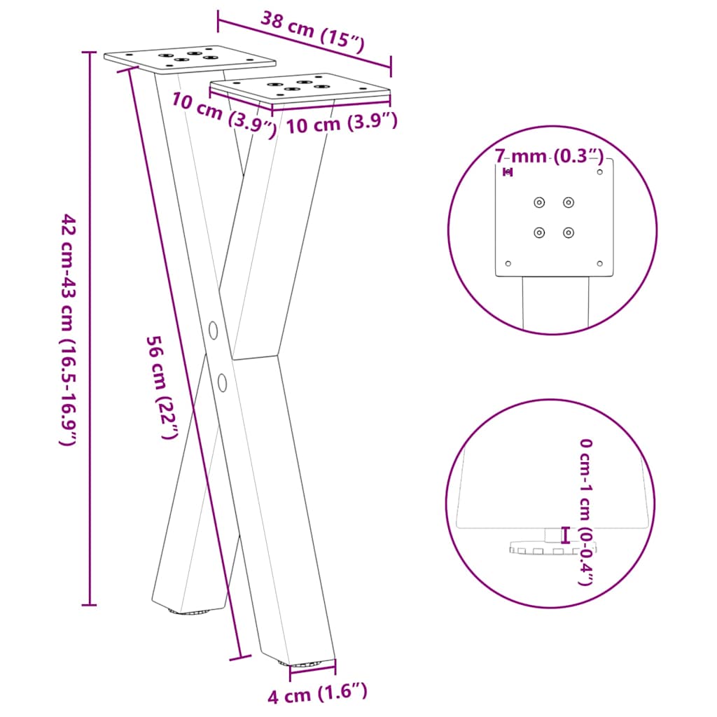 Black Steel X-Shaped Coffee Table Legs, 2 Pcs, Adjustable Height 38cm