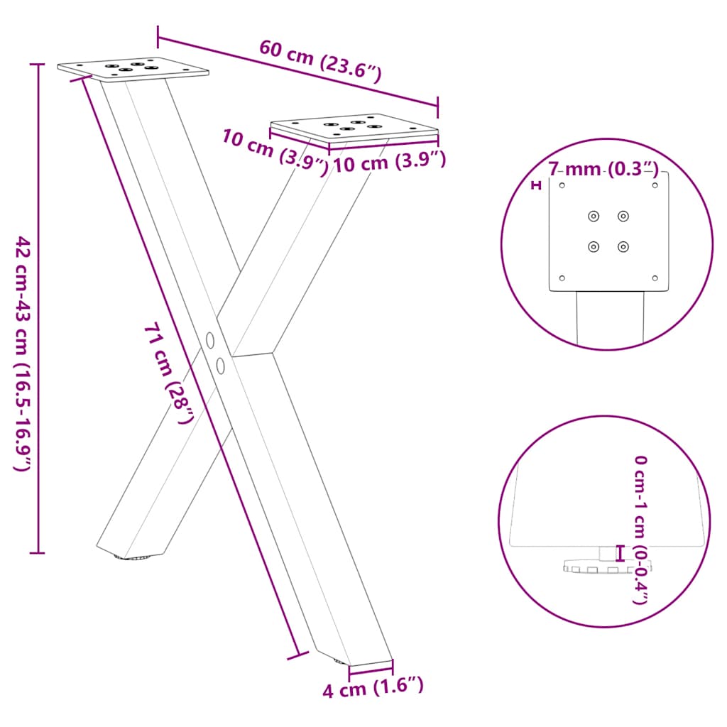Anthracite X-Shaped Steel Coffee Table Legs, 2pcs, Adjustable 60cm