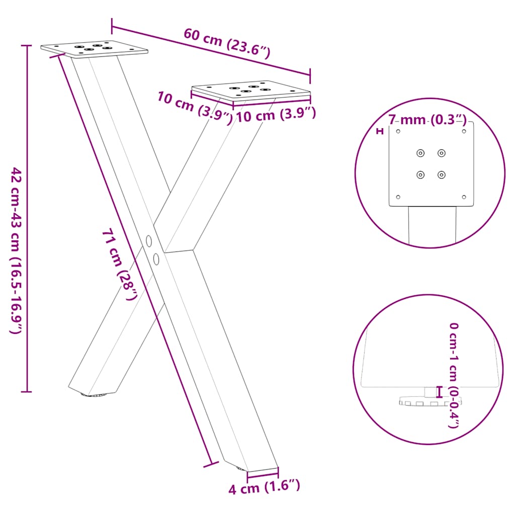 Natural Steel X-Shaped Coffee Table Legs, Set of 2, Adjustable 60 cm