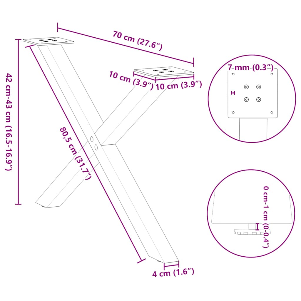 Natural Steel X-Shaped Coffee Table Legs, Adjustable, 2 pcs (70x42-43 cm)
