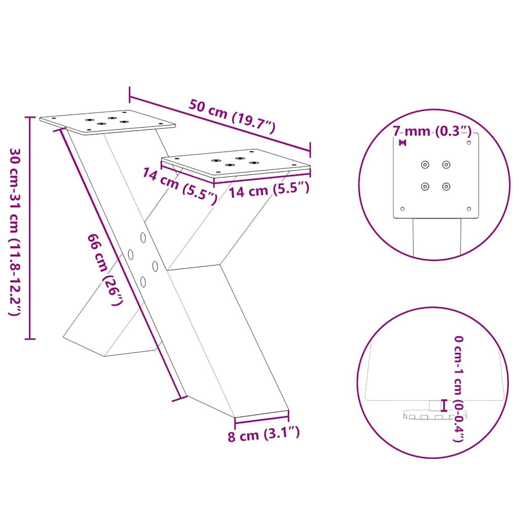 Black Steel X-Shaped Coffee Table Legs, 2 Pcs, Adjustable 50x30-31 cm