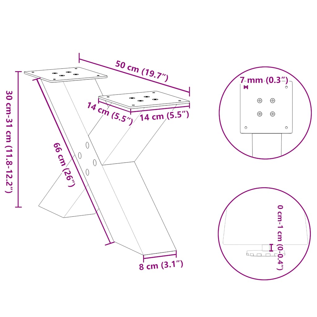 White X-Shaped Steel Coffee Table Legs, 2 pcs, 50x30-31 cm