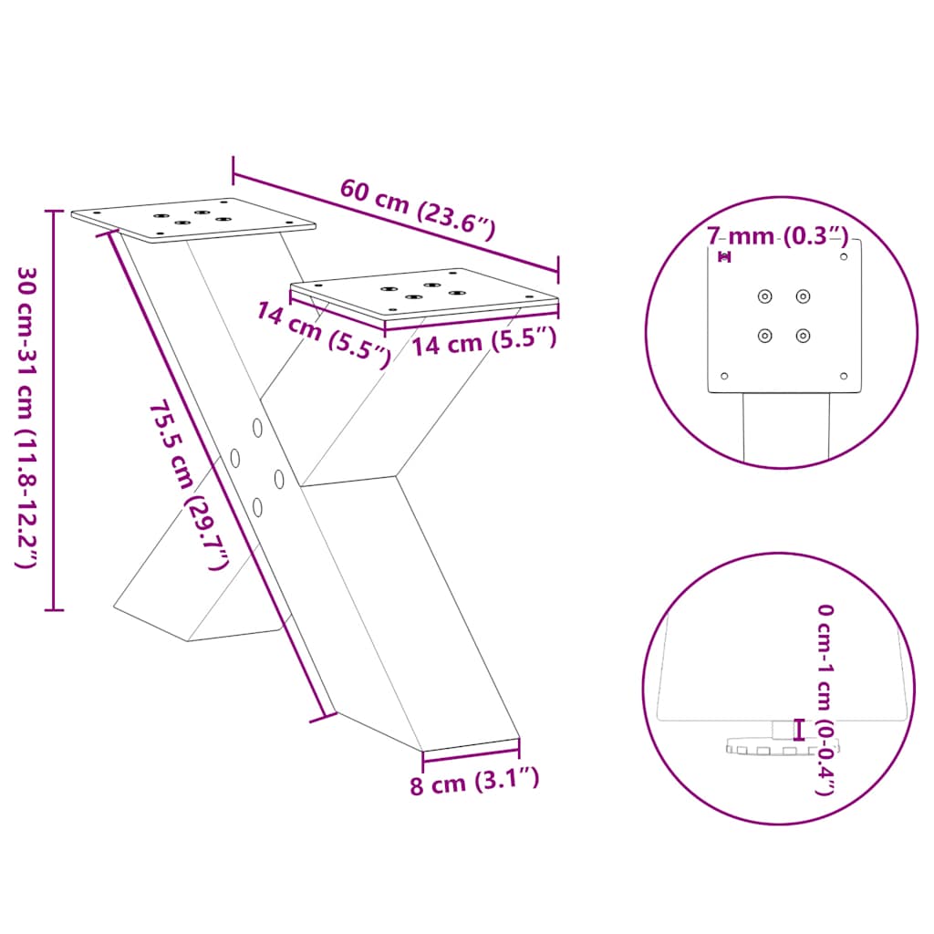 X-Shaped Natural Steel Coffee Table Legs, 2 pcs, Adjustable 60 cm