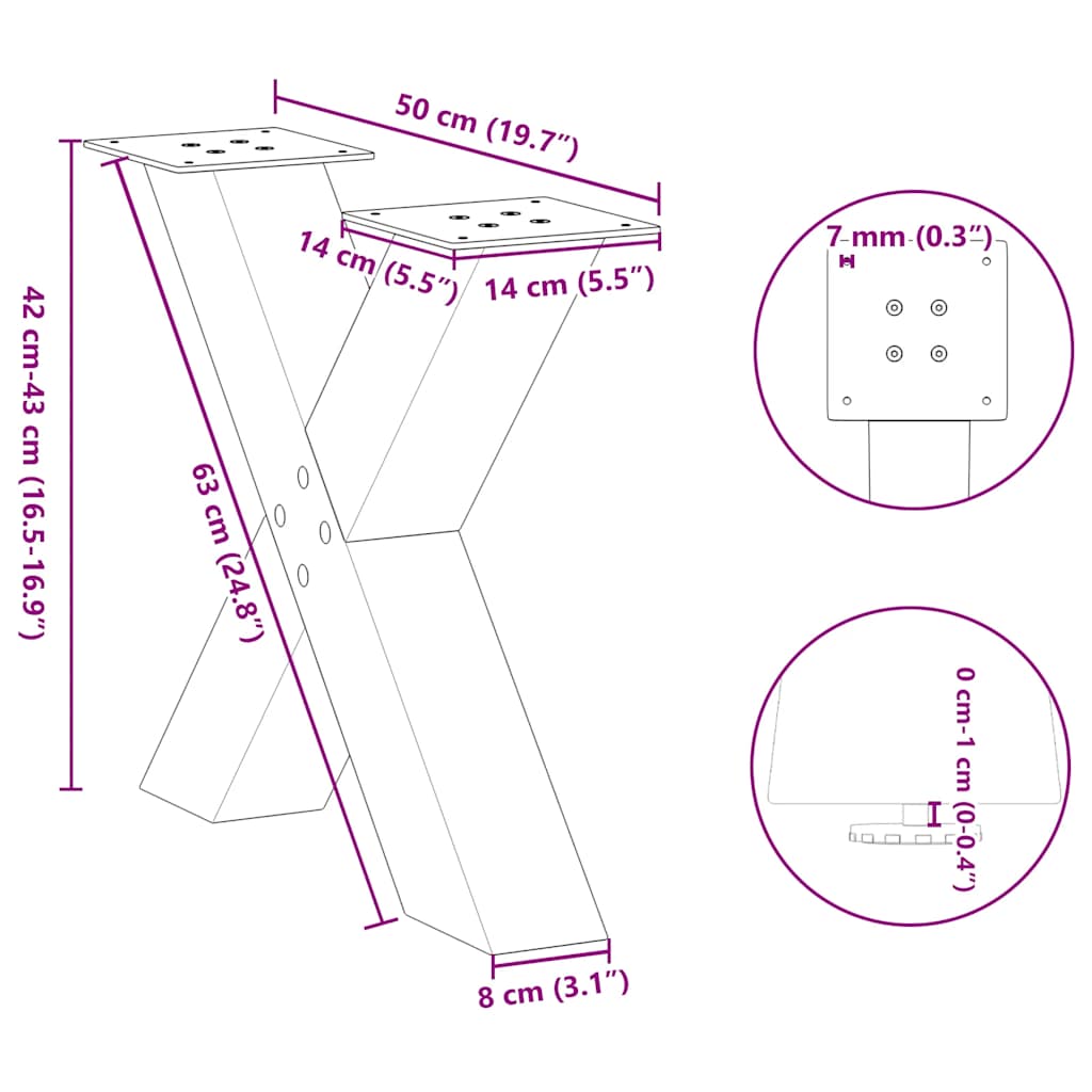 Black Steel X-Shaped Coffee Table Legs, 2pcs, Adjustable 50x42-43 cm