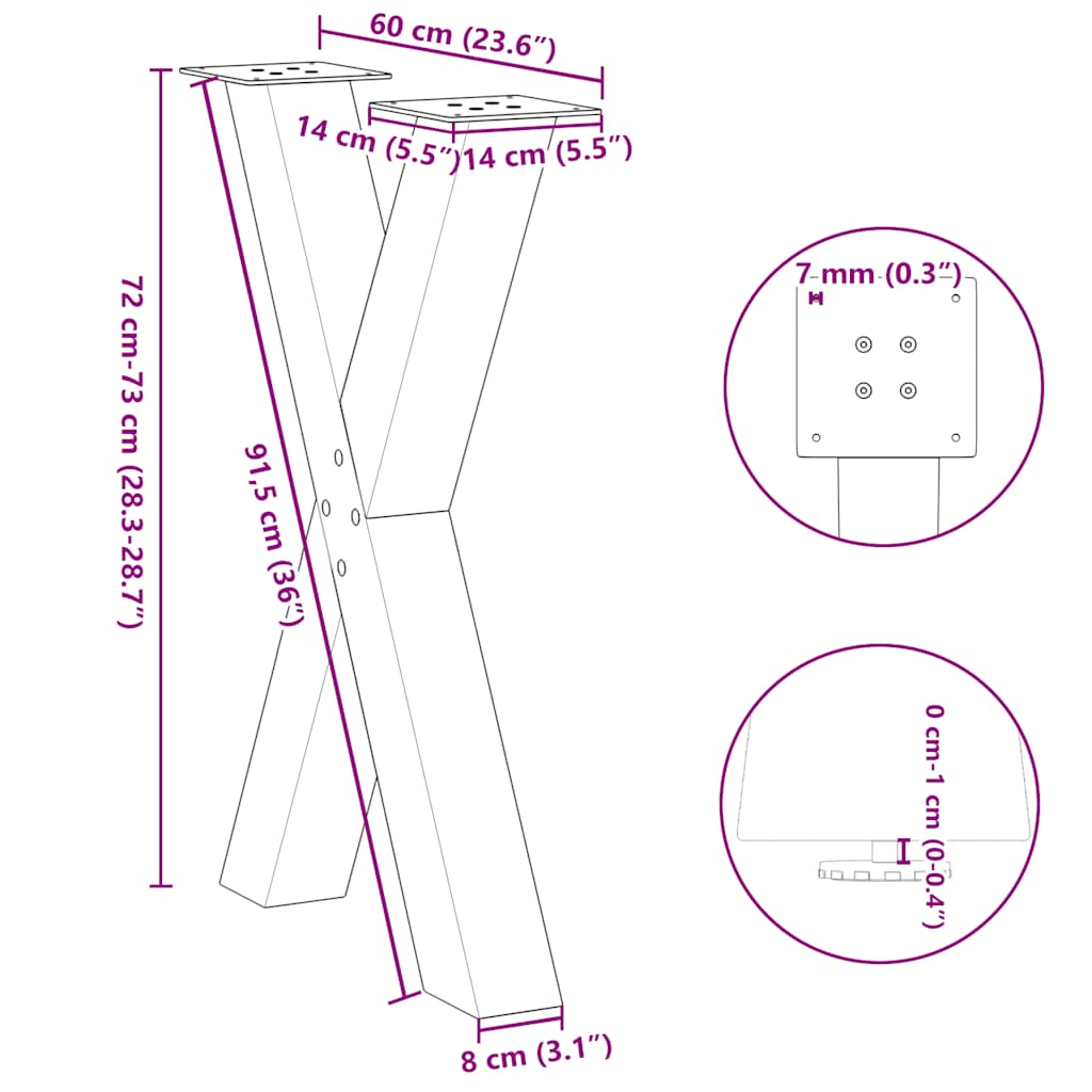 Natural Steel X-Shaped Dining Table Legs 60x72-73 cm, Set of 2
