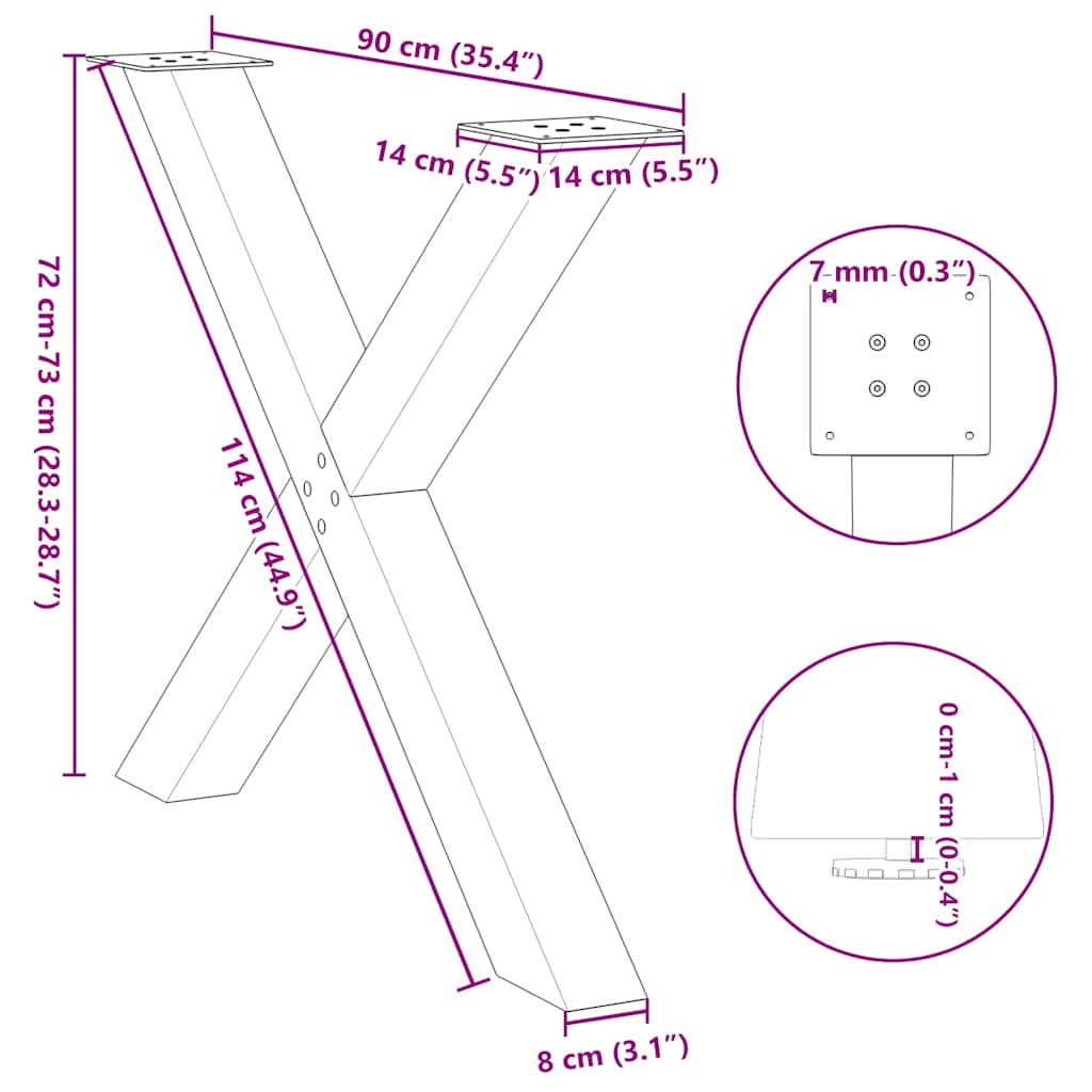 Black X-Shaped Steel Dining Table Legs, 3 pcs, Adjustable 72-73 cm
