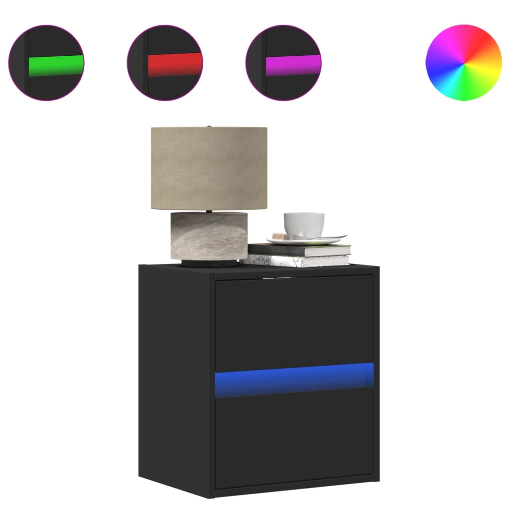 Black Wall-Mounted Bedside Cabinets with LED Lights, Set of 2
