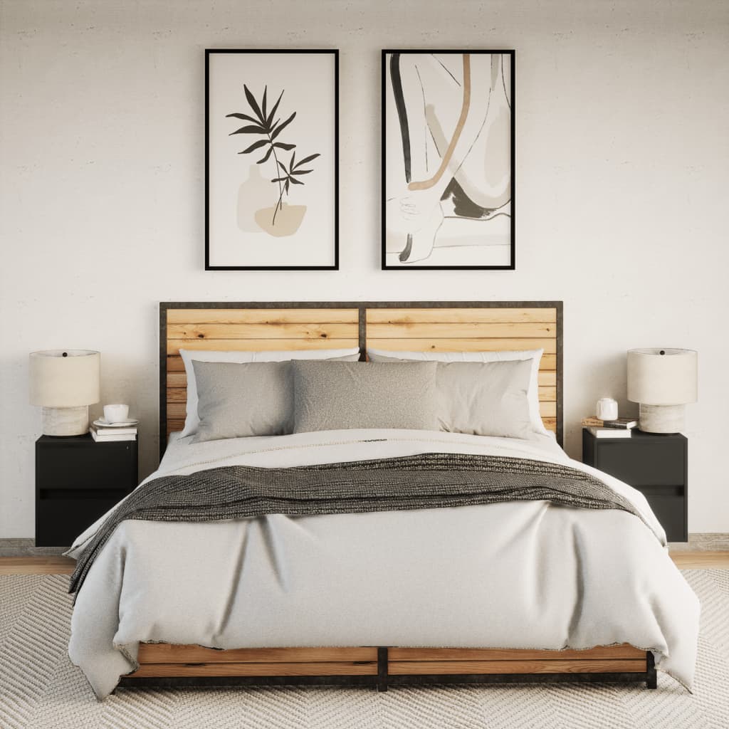 Black Wall-Mounted Bedside Cabinets with LED Lights, Set of 2