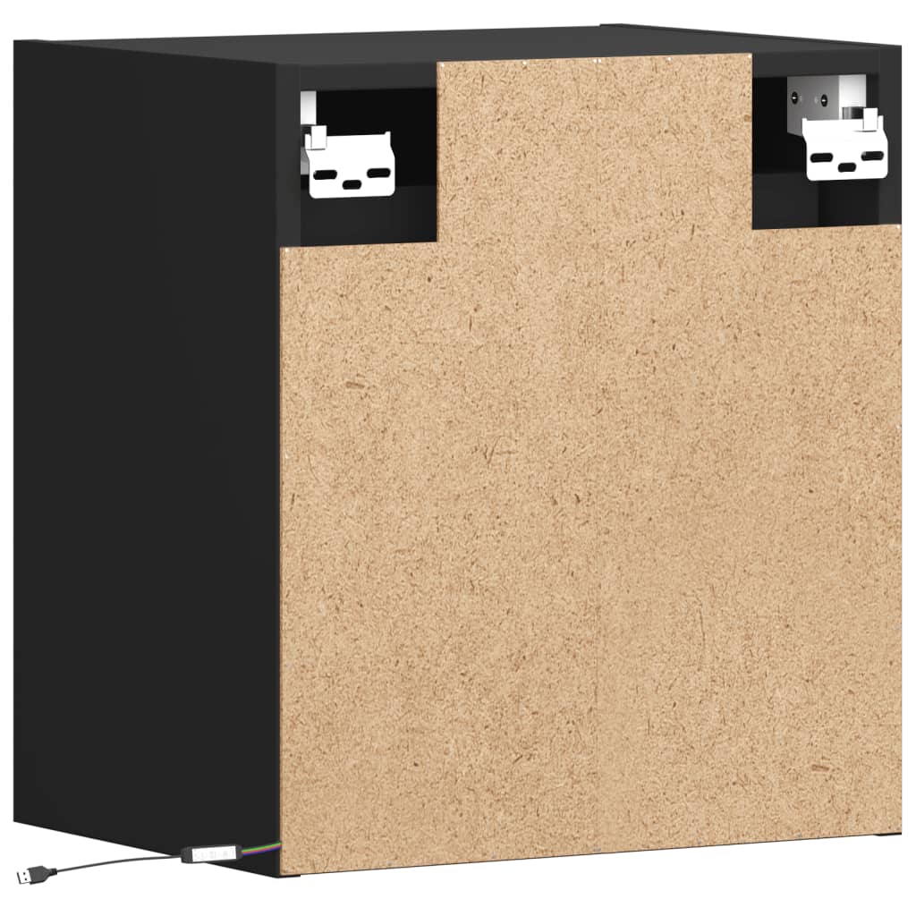 Black Wall-Mounted Bedside Cabinets with LED Lights, Set of 2