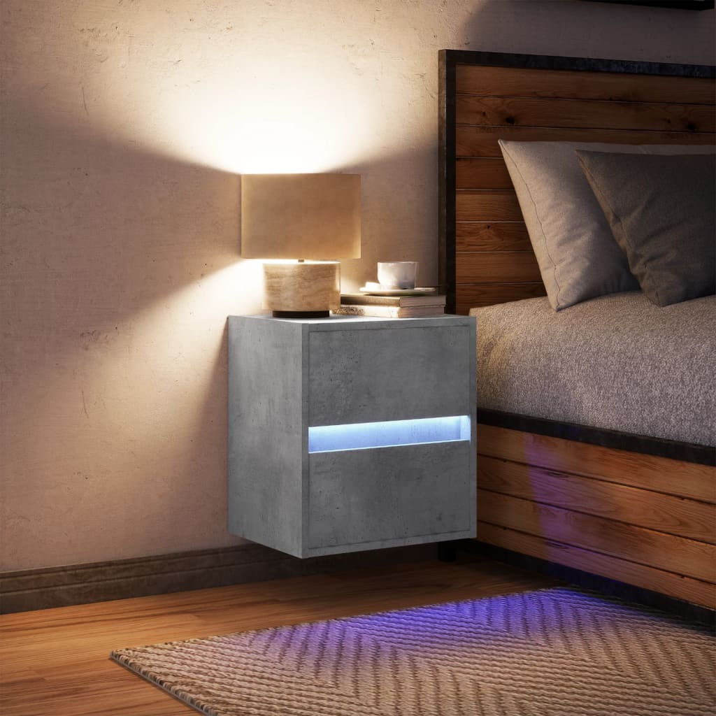 Concrete Grey Wall-Mounted Bedside Cabinet with LED Lights