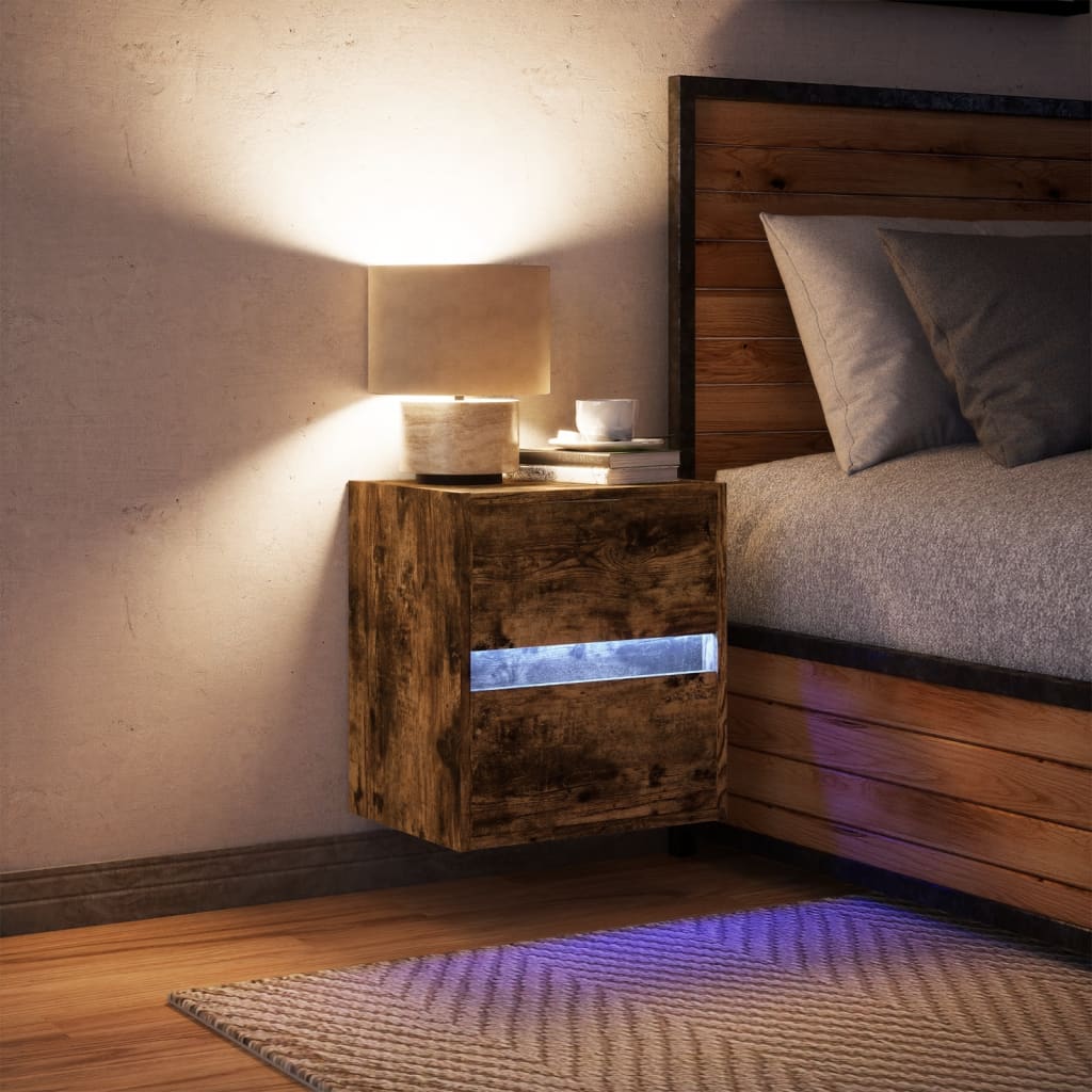 Smoked Oak Wall-Mounted Bedside Cabinet with LED Lights