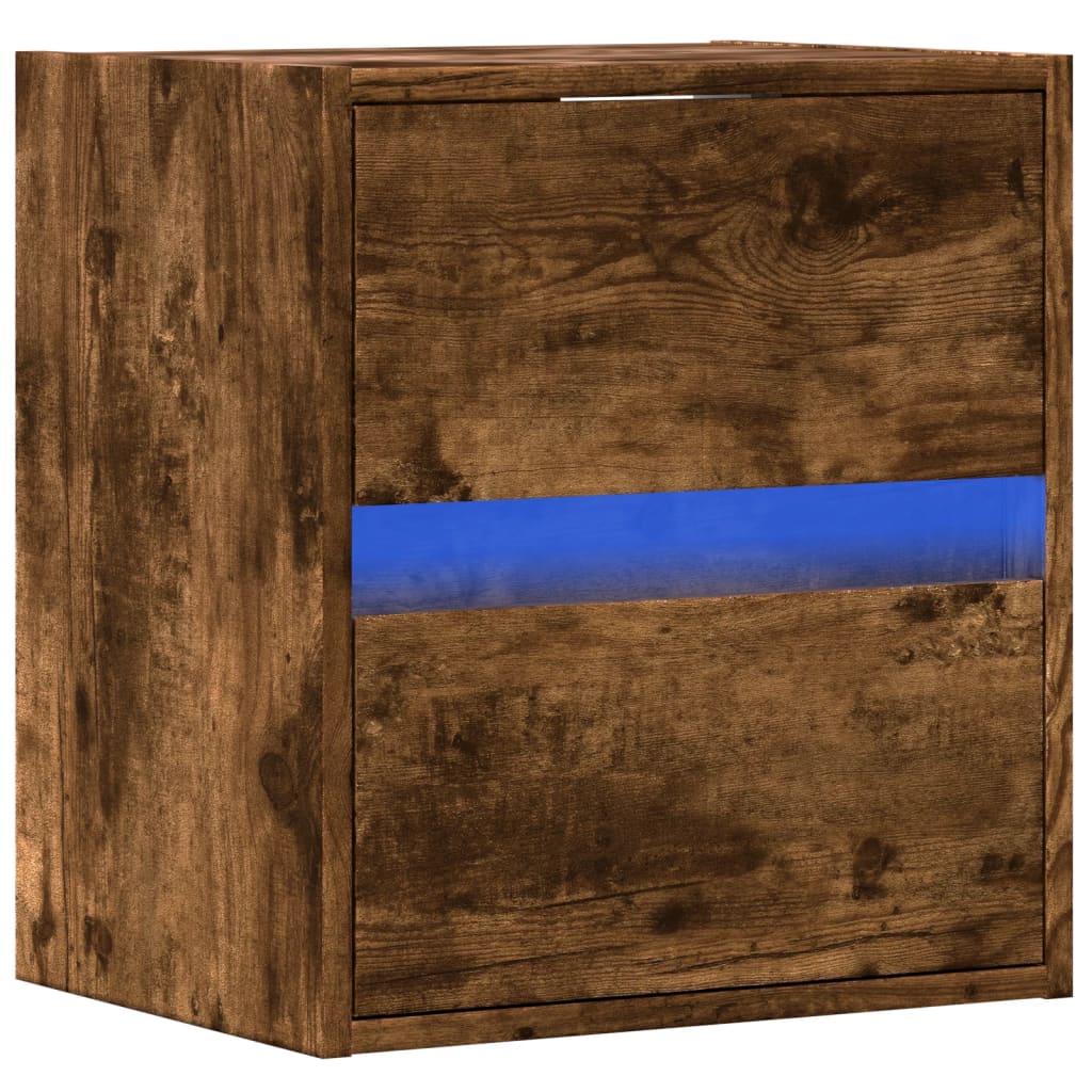 Smoked Oak Wall-Mounted Bedside Cabinet with LED Lights