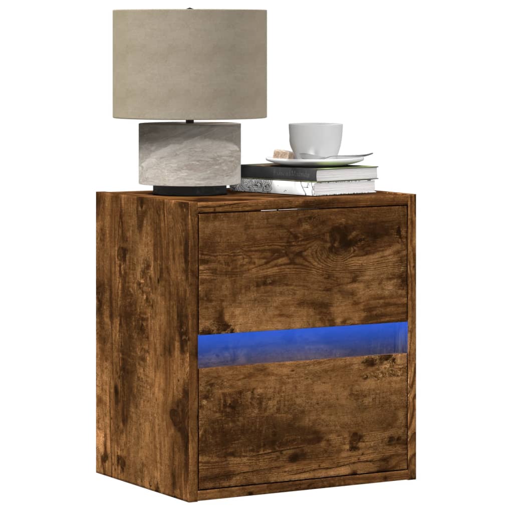 Smoked Oak Wall-Mounted Bedside Cabinet with LED Lights