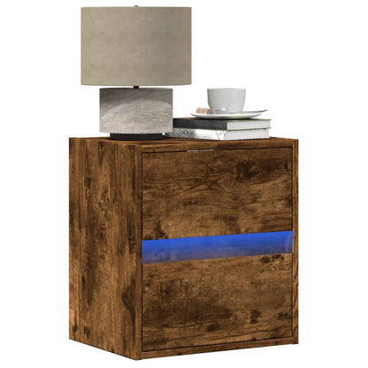 Smoked Oak Wall-Mounted Bedside Cabinet with LED Lights
