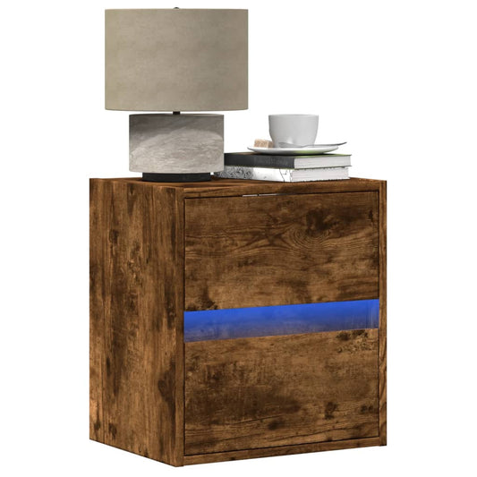 Smoked Oak Wall-Mounted Bedside Cabinet with LED Lights