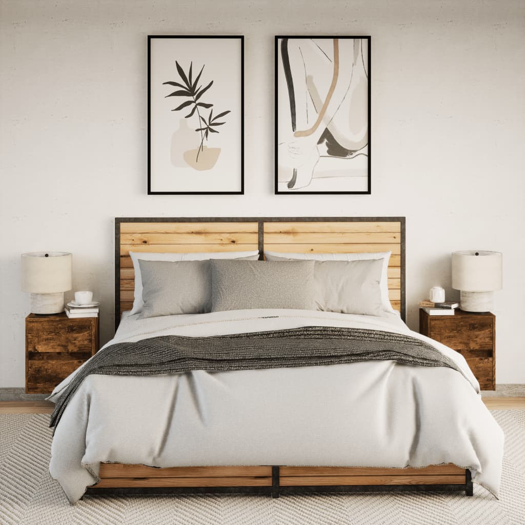 Smoked Oak Wall-Mounted Bedside Cabinets with LED Lights, 2pcs