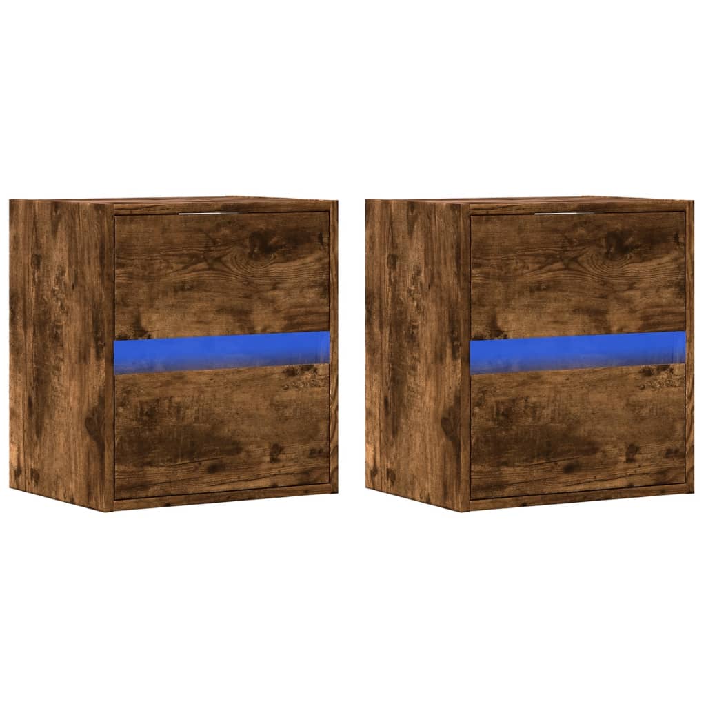 Smoked Oak Wall-Mounted Bedside Cabinets with LED Lights, 2pcs