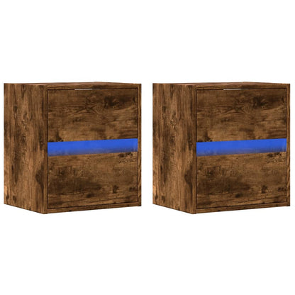 Smoked Oak Wall-Mounted Bedside Cabinets with LED Lights, 2pcs
