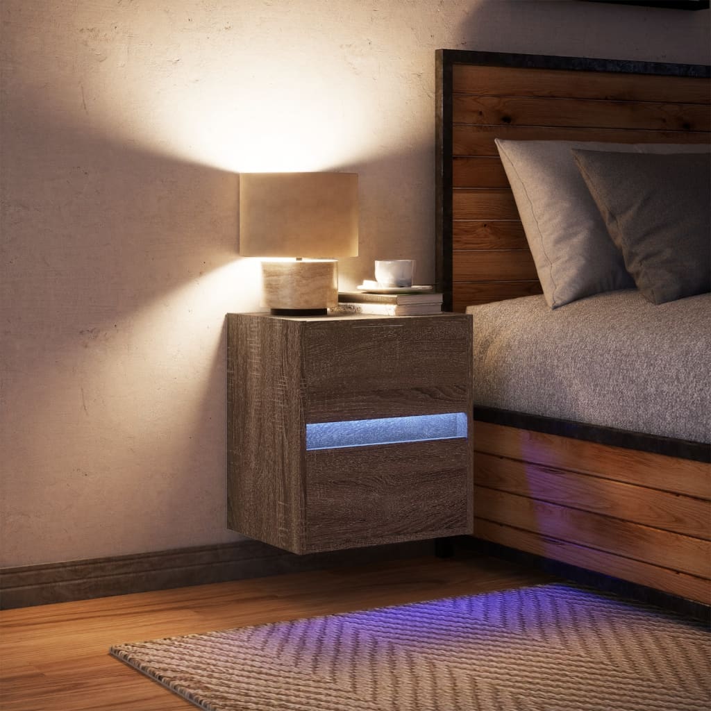 Brown Oak Wall-Mounted Bedside Cabinet with LED Lights