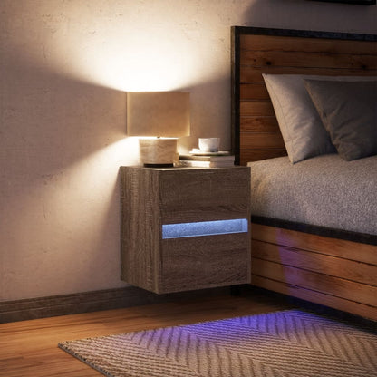 Brown Oak Wall-Mounted Bedside Cabinet with LED Lights