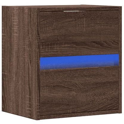 Brown Oak Wall-Mounted Bedside Cabinet with LED Lights