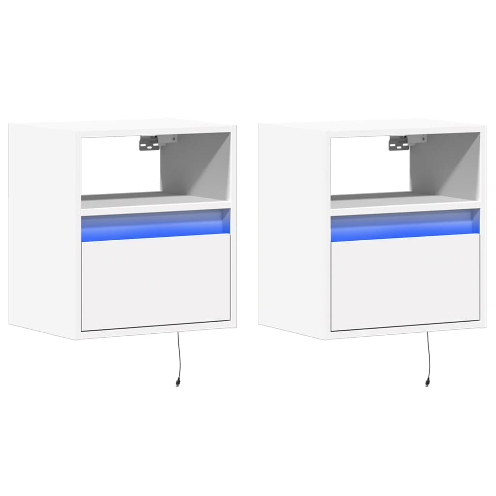 White Wall-Mounted Bedside Cabinets with LED Lights - 2 Pieces